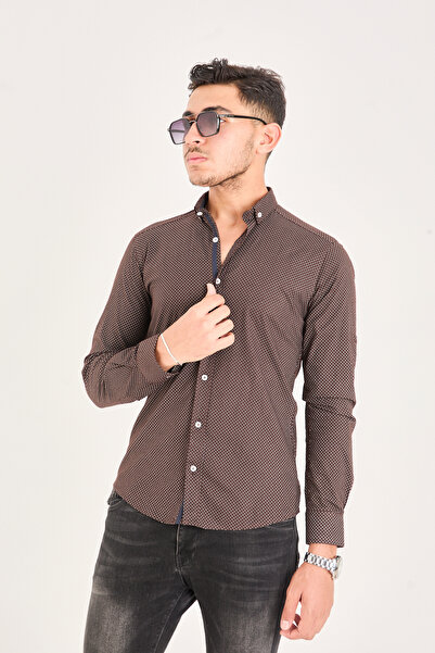 jack carisma Мъжка риза от поплин памук и ликра с принт на кафяви точки, с тясна кройка