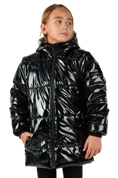 Merdia Dívčí nepromokavý a větruodolný kabát s kožešinovou podšívkou a kapucí, lesklá černá