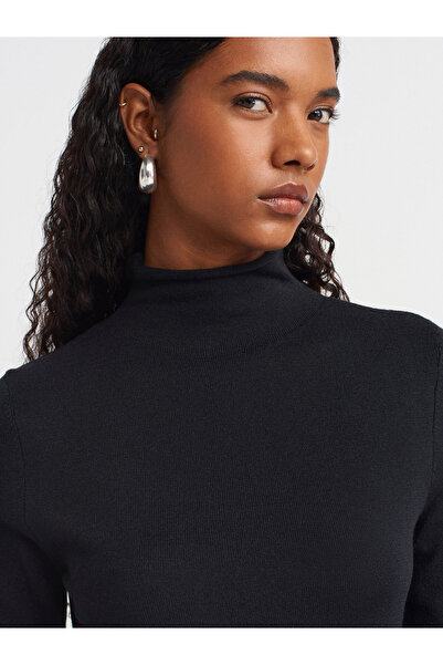 Dilvin 10714 Pulover din lână cu guler înalt, tricotat moale, cu textura fină, negru