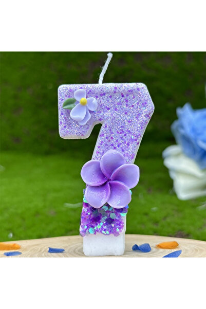 L&Wen شموع الكيك ذات الرقم 7 الأرجوانية مقاس 7 سم، شمعة ذات رقم على شكل زهرة ...