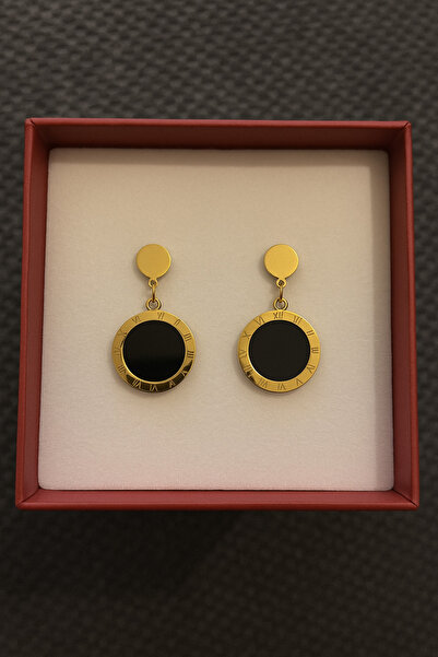 mira bujiteri Altın Renk Roma Rakamlı Siyah Taşlı Çelik Küpe