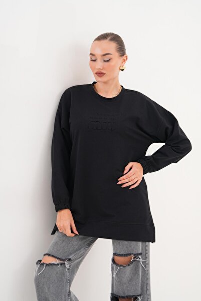 WestBound Black Mi̇u Embossed Print Crew Neck Hijab Sweatshirt Tunic 712