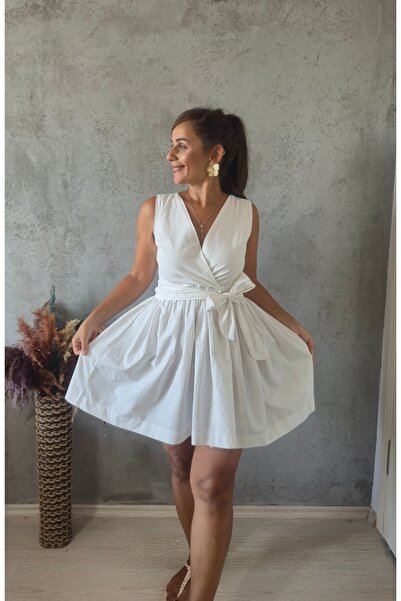 Butik Kuşakli Kruvaze Yaka Elbise