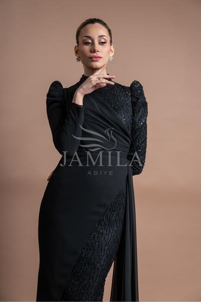 Lovely Dress Payetli Drapeli Uzun Kollu Abiye Elbise