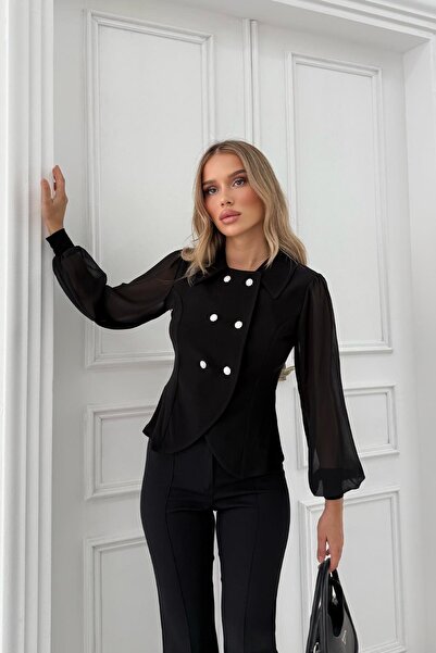 RB CLUB Bluză din șifon cu mâneci cu nasturi pentru femei, neagră