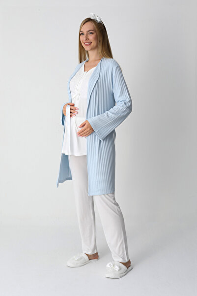 ERDENİZ TEKSTİL Pregnant Women's Nightgown & Knitwear Dressing Gown Set of 2 – Viscose Fabric, Buttoned Breastfeeding, Adjustable Waist