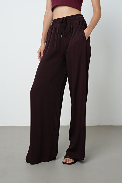 Orfeo Negro Women's Solid Color Gold Color Lace-Up Detailed Wide Leg Elastic Waist Trousers