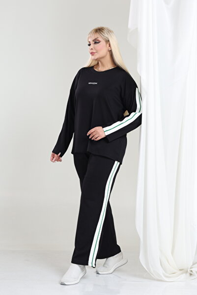 şuranur Women's Plus Size Long Sleeve Stripe Detailed Osho Style Modal Fabric Set