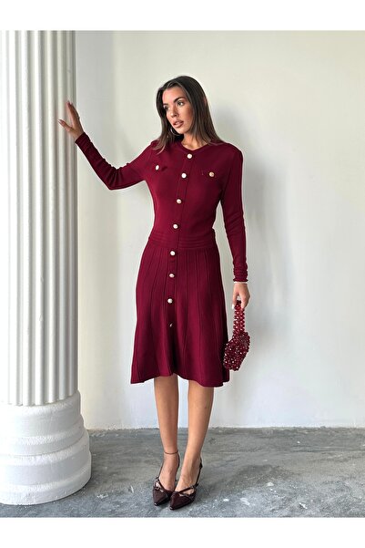 Lusin Kadın Bordo Şık Gold Düğme Detaylı Zarif Uzun Kol Triko Elbise