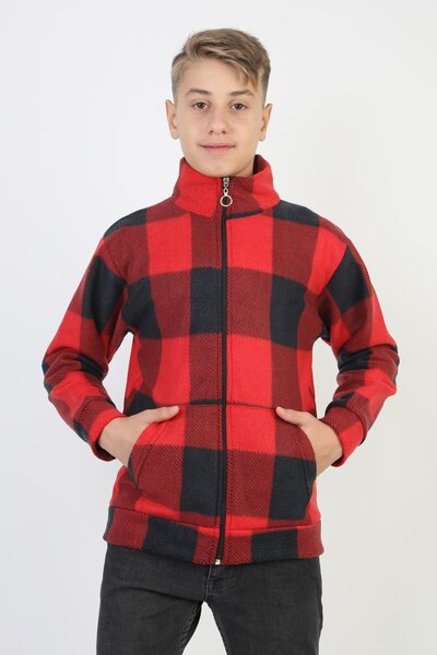 NEWKİDS Plaid patterned zippered stand collar kangaroo pocket boys' cardigan