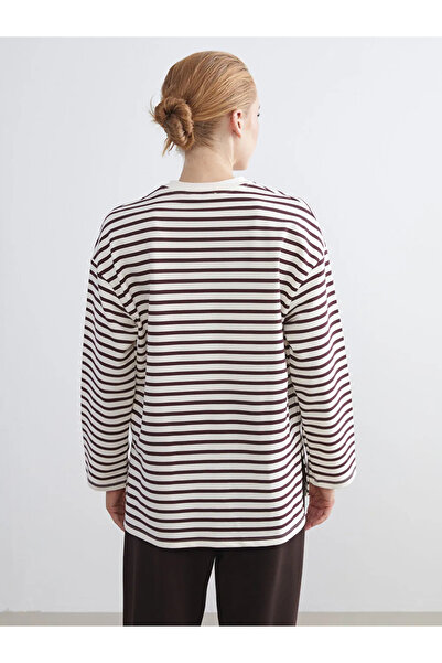 LC Waikiki LCW Modest Mürdüm Bisiklet Yaka Çizgili Kadın Sweatshirt Tunik