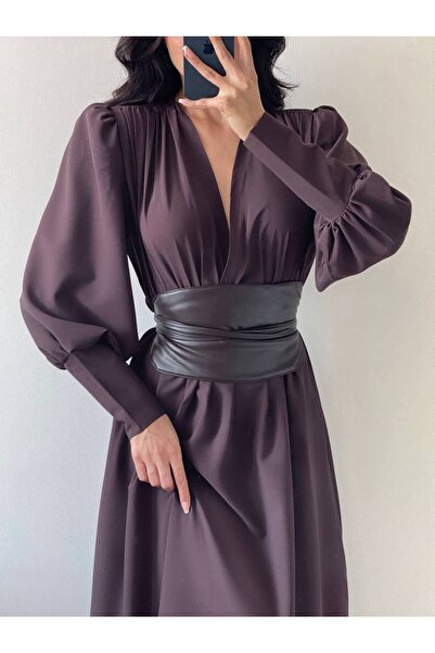 LOCH BUTİK Women's Bitter Brown Mobile Leather Corset Waist-Tied V-Neck Maxi Dress