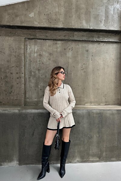 mylove Polo Neck Stripe Knitwear Skirt Set Stone