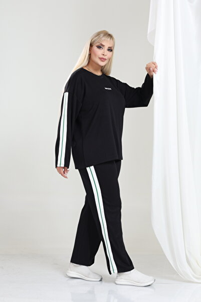 şuranur Women's Plus Size Long Sleeve Stripe Detailed Osho Style Modal Fabric Set