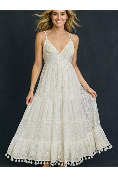 Butik İtalyan Askılı Dantel Elbise - BEYAZ