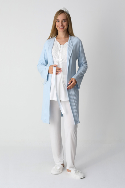 ERDENİZ TEKSTİL Pregnant Women's Nightgown & Knitwear Dressing Gown Set of 2 – Viscose Fabric, Buttoned Breastfeeding, Adjustable Waist