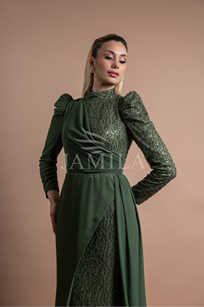 Lovely Dress Payetli Drapeli Uzun Kollu Abiye Elbise