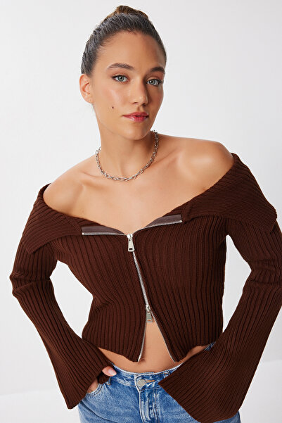 Lovelyİstanbul Zippered Crop Knit Cardigan Lmt0031 Brown