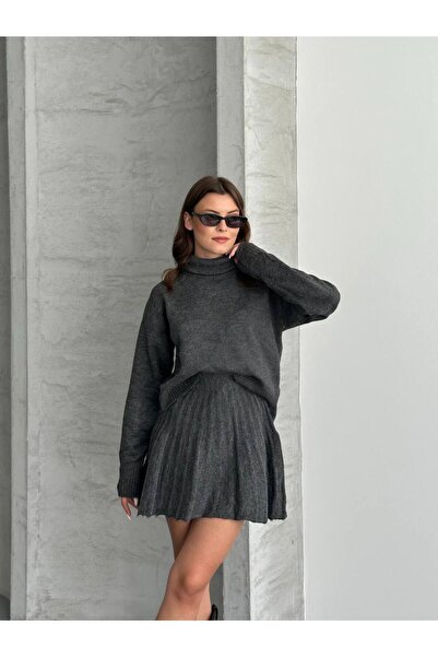 ZF BUTİK Women's Knitwear High Neck Sweater Skirt Set