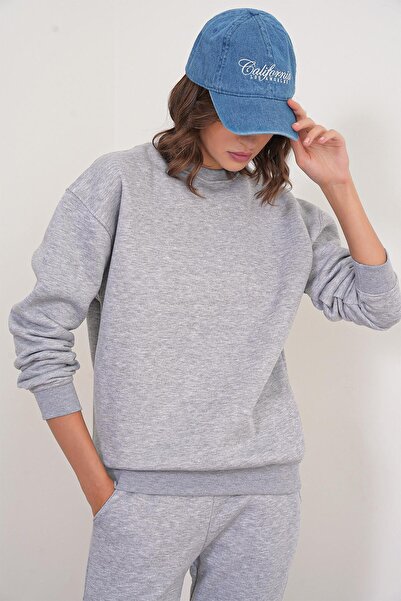 Mixray 2024 Women's 100% Cotton 3 Thread Fleece Inside Top and Bottom Set Gray