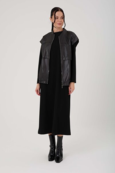 Jupe Kadın Deri Görünümlü Yelek & Örme Maxi Elbise Takımı7260