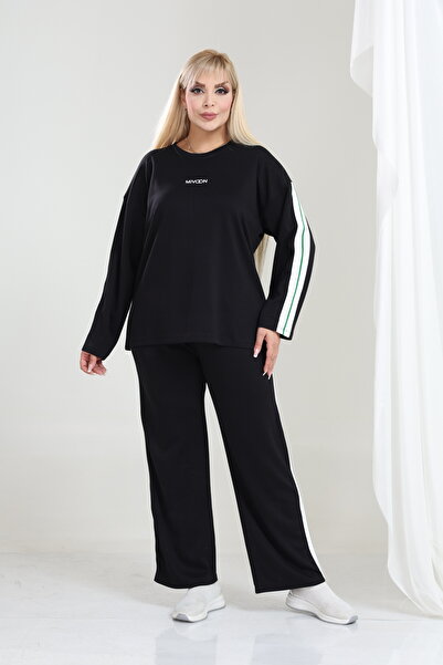 şuranur Women's Plus Size Long Sleeve Stripe Detailed Osho Style Modal Fabric Set