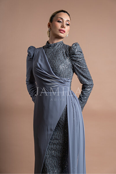 Lovely Dress Payetli Drapeli Uzun Kollu Abiye Elbise