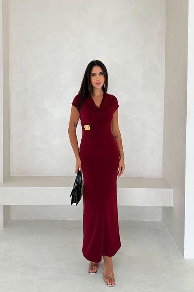 MİROR Rochie midi pentru femei, cu decolteu drapat, cu broșă, culoare burgundă