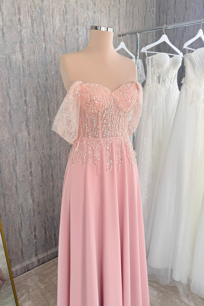 Lenta Moda Pudra Pullu Dantel Detaylı Şifon Abiye Ve Nikah Elbisesi