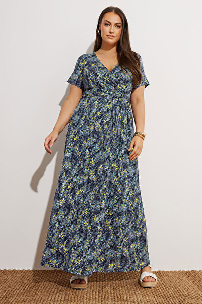 Şans Жіноча сукня великого розміру, синього кольору, з коміром-антресоллю, з візерунком, з віскози, довга 65N39135