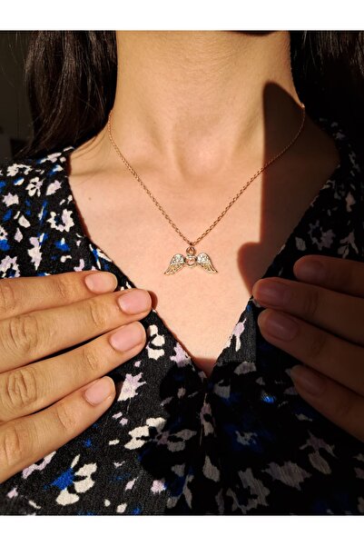 FLOREKS Melek Kanadı Kalp Kolye - Zirkon Taşlı Rose Kaplama