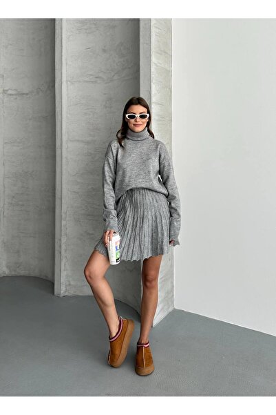 ZF BUTİK Women's Knitwear High Neck Sweater Skirt Set