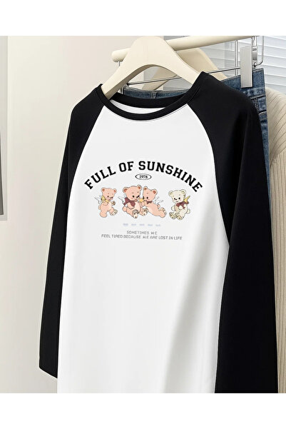 Touz Moda Pinterest Design Raglan Long Sleeve Printed White T-Shirt