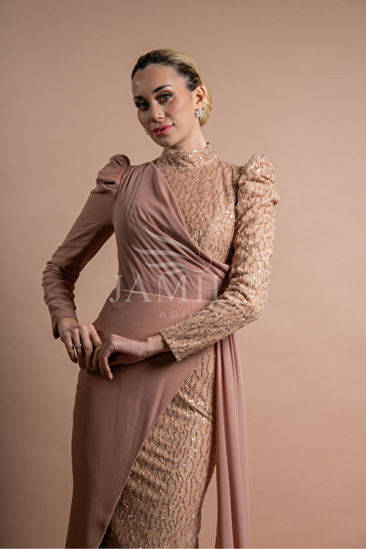 Lovely Dress Payetli Drapeli Uzun Kollu Abiye Elbise