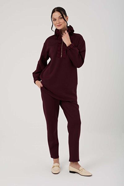 Jupe طقم نسائي من القماش المطرز بياقة نصف سحاب من الحرير السكوبا مكون من قطعت...