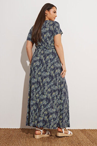 Şans Жіноча сукня великого розміру, синього кольору, з коміром-антресоллю, з візерунком, з віскози, довга 65N39135