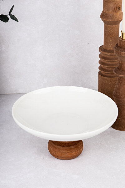 DNS HOME Porcelain Serving Dish with Wooden Legs, Cake Stand Cheese Plate, Fruit Plate, Pastry Display Stand