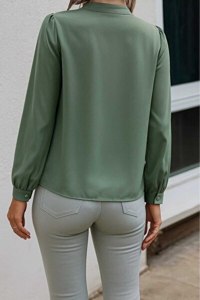 JANES Women's Long Sleeve Blouse with Collar, Lace-Up and Button Details