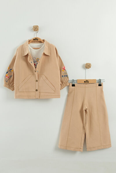 Mini Baray Girl's Floral Embroidered Jacket and Pants 3-Piece Set (2-3-4-5 Years Old)