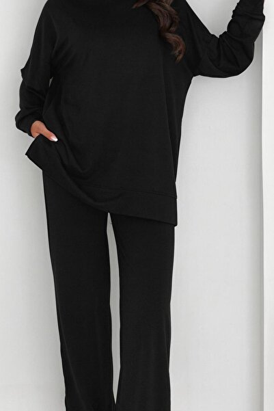 Hayalet Soft and Flexible Textured Modal Scuba Fabric Long Sleeve Crew Neck Slit Suit