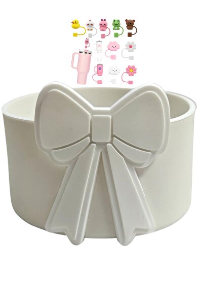 Yenigeldi Cute Bow Non-Slip Silicone Bottom Cover and 2 Pieces of 10mm Straw Stopper for Stanly Quencher 30-40 oz