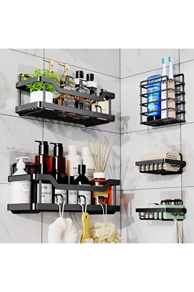 Elindor Set de 5 rafturi de duș autoadezive Elindor®, oțel carbon, fixare făr...