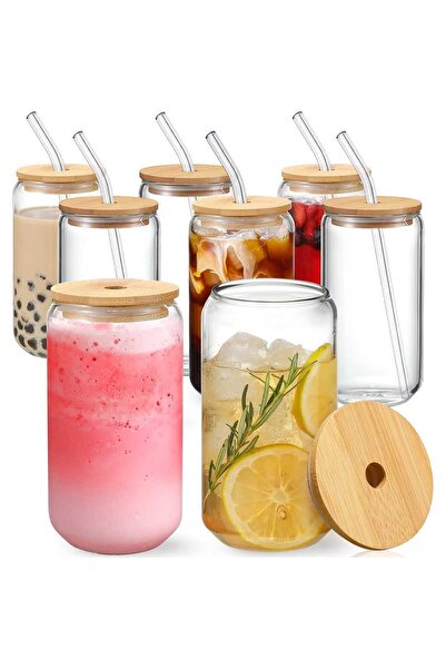 Elindor Set de 8 pahare Elindor® din sticlă cu capace și paie din bambus, per...