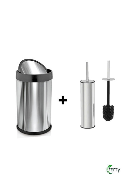 Palex Chrome Practical Trash Can with Lid 8 Lt+ Metal Toilet Brush Toilet Bowl Brush