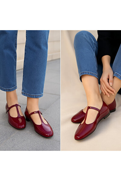 DAD WOLF Bordo Rugan T-Strap Mary Jane Tasarım Babet