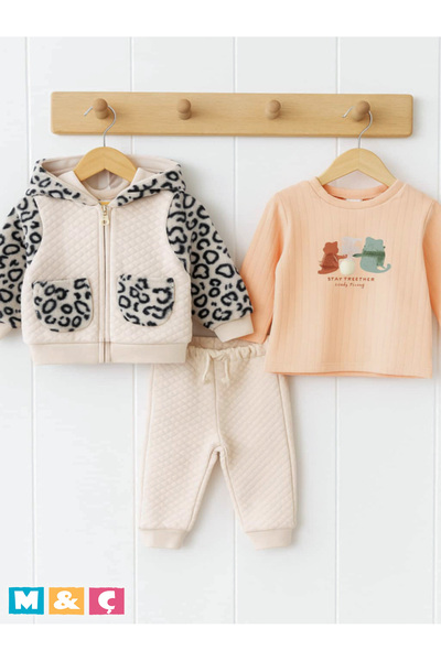 MÇ FAMİLY STORe 3 Piece Baby Girl Jacket, Bottom and Top, Leopard Printed Plush Quilted Winter Set, Baby Girl Outfit Set