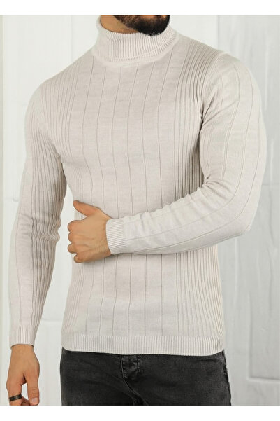 meday Clothing Men's Turtleneck Vertical Striped Fit Knit Sweater
