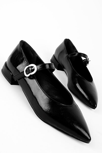 Lal Shoes & Bags Bonyt Women's Pointed Toe Gold Buckle Detailed Single Strap Nubuck Ballerina Shoes-Black