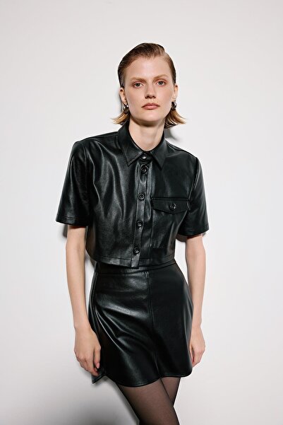 rue Single Pocket Black Leather Crop Shirt