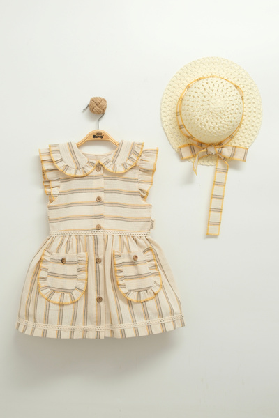 Mini Baray Girl's Ruffled Striped Dress and Hat Set (1-2-3-4 Years Old)